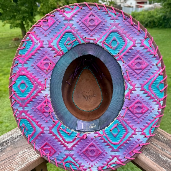 Hand Burned Distressed Rancher Hat with Aztec Cotton Candy Genuine Leather - Picture 5 of 6